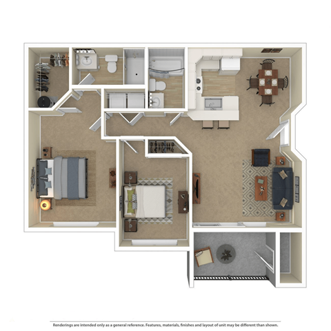 Floor plan for 2 beds, 2 baths, 955 sqft